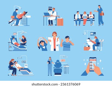 Dentists examining adult and children patients flat set isolated on blue background vector illustration