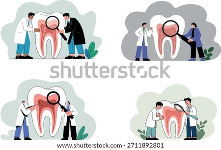 Dentists examining large tooth structure with magnifying glass illustration
