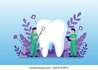 Dentistas que examinan la Ilustración vectorial dental para el concepto de cuidado dental