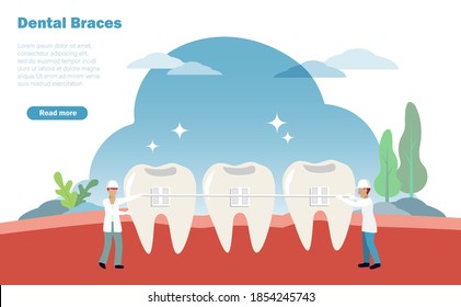 Dentists fixing orthodontics or dental braces to patient teeth. Oral treatment and dental braces concept. Vector Illustration.