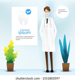 Dentists give knowledge about dental care in dental clinics. Pictures about teeth. Potted plants. Vector illustration for various media designs Dental-related.