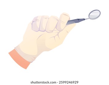 Dentist's hand holding dental mirror tool. Vector isolated cartoon illustration of a gloved hand with a medical instrument for oral examination. Stomatology, dentistry, and healthcare concept.