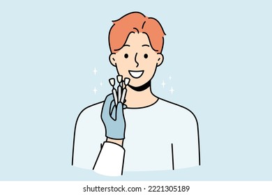 Dentists hand with veneers comparing with client teeth in clinic. Concept of tooth prosthesis and dental care. Vector illustration. 