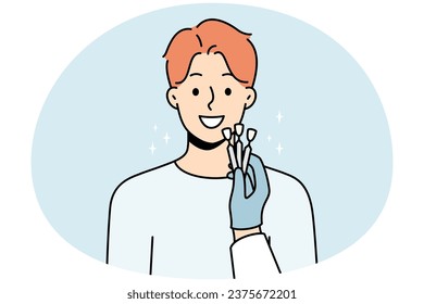 Dentists hand with veneers comparing with client teeth in clinic. Concept of tooth prosthesis and dental care. Vector illustration.