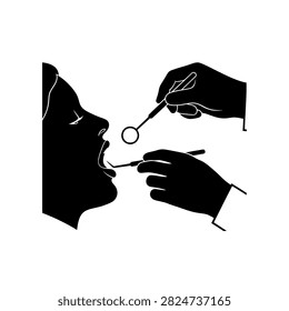 A dentist's hands are shown using a dental mirror and probe to examine the open mouth of a patient, depicted in a stark black and white silhouette.