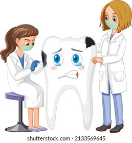 Dentists holding instruments and examining teeth decay on white background illustration
