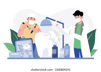 Dentists holding professional stomatology tools and fixing tooth models