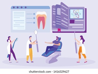 Dentists with Instrument in Hand. Patient on Dental Chair. Study Medicine. Dental Pulpit. Image Tooth on Tablet. Distance Learning. E-Learning. Online Training. Student with Tool. Vector Illustration.