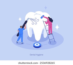 Dentistas haciendo tratamiento dental profesional. Cuidado estomatológico, limpieza, pulido de Plantilla de Anuncio. Higiene bucal, blanqueamiento dental, concepto de eliminación de placa. Ilustración vectorial isométrica plana.