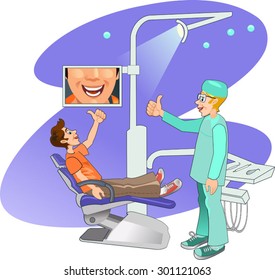 Dentist's modern working place. Boy visiting the dentist and smiling