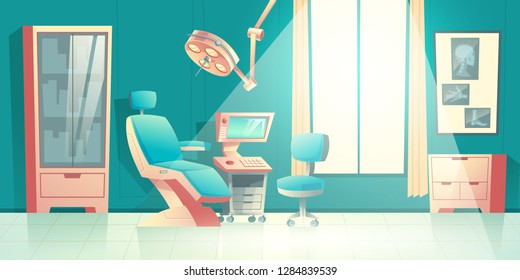 Dentists office cartoon vector empty interior with comfortable chair, surgical light unit, ultrasonic diagnostic apparatus or computer and x-rays on wall illustration. Modern dental medical equipment