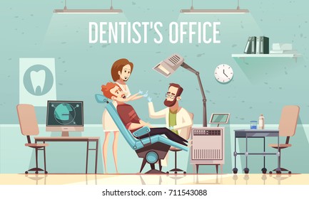 Dentists office cartoon vector illustration with with stomatological equipment patient in chair doctor and assistant