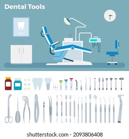 Dentist's Office And Dental Treatment Tool Kit Vector Illustration In A Flat Design