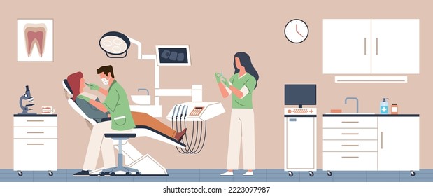 Dentists office. Doctor sees patient, dental treatment in chair, modern stomatology, assistant prepares anesthesia, clinic interior, teeth care, nowaday vector cartoon flat concept