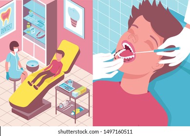 Dentists office interior 2 vertical isometric banners with placing orthodontic braces on young patients teeth vector illustration 