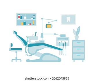 Dentist's office, modern equipment. Doctor's cabinet with dental chair, drilling unit, sink, medicine shelf and cabinet. Dentistry or dental clinic interior. Flat vector illustration isolated on white