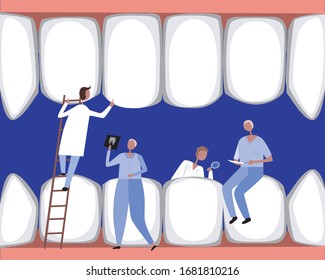 Dentists and orthodontists around a large tooth or teeth on the gums as a treatment concept in a dental clinic. Stock vector flat illustration with little dentist and upper and lower molars for design