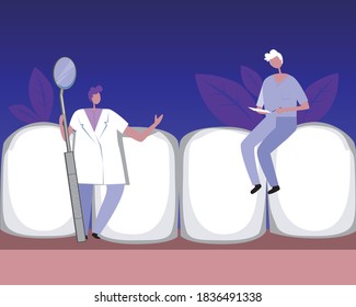 Dentists or orthodontists, teeth. Dental flat vector stock illustration. Concept of dental treatment, orthodontic services, dental clinic. Dentists treat teeth. Modern illustration for dental clinic