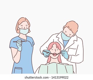 Dentists And Patient In Dentist Office. Hand Drawn Style Vector Design Illustrations.
