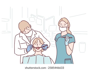 Dentists and patient in dentist office. Hand drawn style vector design illustrations.	