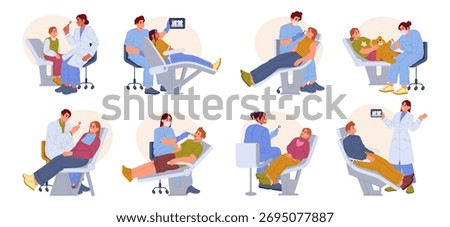 Dentists and patients in dental clinic. Vector doctors examining children and adults, holding Xray images and medical instruments. Stomatology and oral health care. Hygiene, diagnosis and treatment