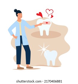 Los dentistas limpian, tratan la gran placa dental no saludable y el agujero de los caries. Médicos dentistas cepillando, escalando, perforando placa caries dental. Estilo de caricatura. Ilustración vectorial plana