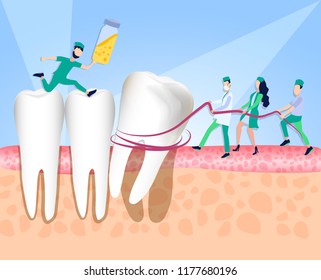 Dentists remove the diseased wisdom tooth. Violation of enamel, tooth infection, bacteria. Dentistry, treatment of toothache. Vector illustration