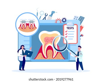 Científicos científicos de dentistas, estomatólogos médicos examinan las raíces dentales y los nervios.Ensayo de investigación de los dientes de dentista.Investigación clínica.Diagnósticos médicos en línea.Tratamiento digital.Ilustración vectorial