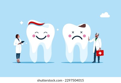 The Dentists, specialists holds a big sign - Happy tooth with toothpaste on head and sad tooth with broken enamel. Flat vector illustration.