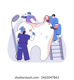 Dentistas tratando diente con máquina de perforación de estomatología. Los estomatólogos se preocupan por la higiene bucal. Los doctores en odontología hacen limpieza dental, cepillado, pulido. Ilustración vectorial plana aislada sobre blanco