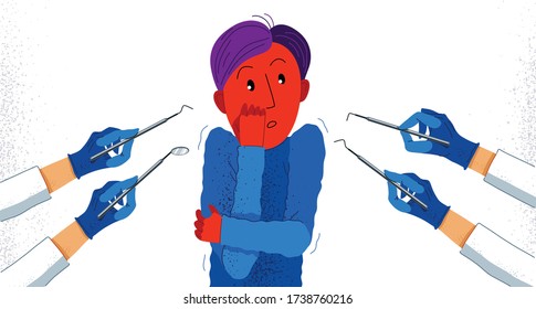 Dentophobia fear of dentist doctor and painful teeth fixing vector illustration, boy surrounded with dentist hands in gloves with dental tools scared in panic attack.