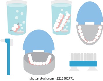 Denture care supplies illustration set