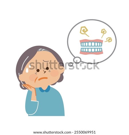 denture, false teeth, worried senior woman, cute illustration