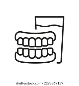 Denture with Glass Line Icon. Dental Artificial Tooth. Dentistry Outline Symbol. Dental Treatment Sign. Medical False Tooth Linear Pictogram. Editable Stroke. Isolated Vector Illustration.