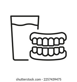 Denture with Glass Line Icon. False Tooth Linear Pictogram. Dental Artificial Tooth. Dentistry Outline Symbol. Dental Medical Treatment Sign. Editable Stroke. Isolated Vector Illustration.