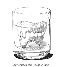 Denture in a glass sketch hand drawn engraving style llustration