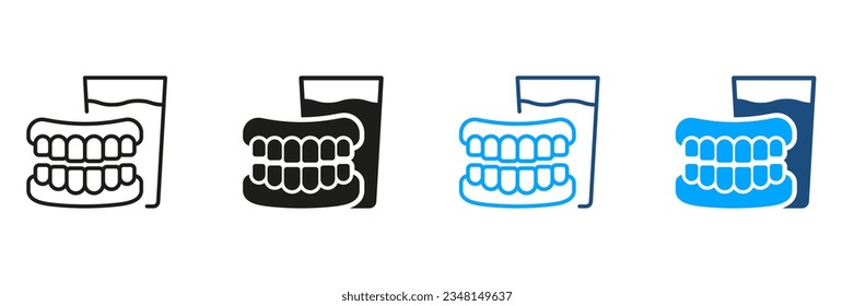 Denture con vidrio de agua. Pictograma humano falso dental. Colección de símbolos de tratamiento dental artificial. Conjunto de iconos de línea y silueta protésica dental médica. Ilustración de vectores aislados.