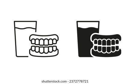 Denture with Glass of Water Silhouette and Line Icon Set. Human False Tooth. Medical Dental Prosthetic, Artificial Tooth Sign. Dental Treatment Black Symbol Collection. Isolated Vector Illustration.