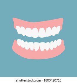 Denture icon gums with teeth or dentures isolated on green background. Dental prostheses, tooth orthopedics sign, teeth image, icon dental. Vector flat cartoon illustration.