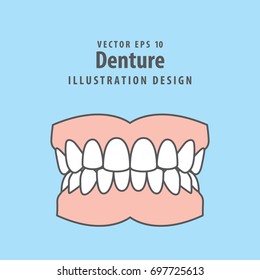 Denture illustration vector on blue background. Dental concept.