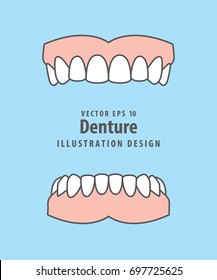 Denture illustration vector on blue background. Dental concept.