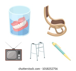 Denture, rocking chair, walker, old TV.Old age set collection icons in cartoon style vector symbol stock illustration web.