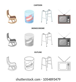 Denture, rocking chair, walker, old TV.Old age set collection icons in cartoon,outline,monochrome style vector symbol stock illustration web.