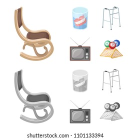 Denture, rocking chair, walker, old TV.Old age set collection icons in cartoon,monochrome style vector symbol stock illustration web.