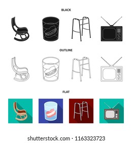 Denture, rocking chair, walker, old TV.Old age set collection icons in cartoon style vector symbol stock illustration web.