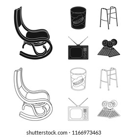 Denture, rocking chair, walker, old TV.Old age set collection icons in black,outline style vector symbol stock illustration web.