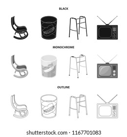 Denture, rocking chair, walker, old TV.Old age set collection icons in black,monochrome,outline style vector symbol stock illustration web.