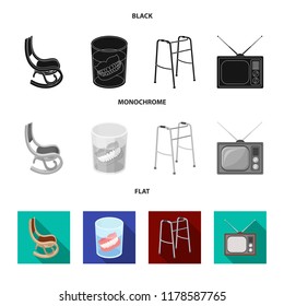 Denture, rocking chair, walker, old TV.Old age set collection icons in black, flat, monochrome style vector symbol stock illustration web.