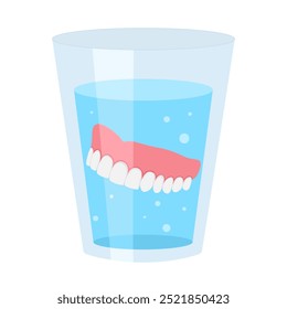 Dentadura postiza en agua. Prótesis de encías de dientes extraíbles falsos en agua limpia, tratamiento de limpieza dental de dientes.