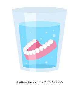 Dentadura postiza en agua. Prótesis de encías de dientes extraíbles falsos en agua limpia, tratamiento de limpieza dental de dientes.